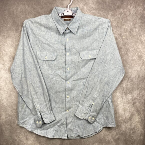 Perry Ellis Classic Fit Linen Blend Button Shirt Mens XXL Blue Crosshatch Weave - Picture 2 of 9